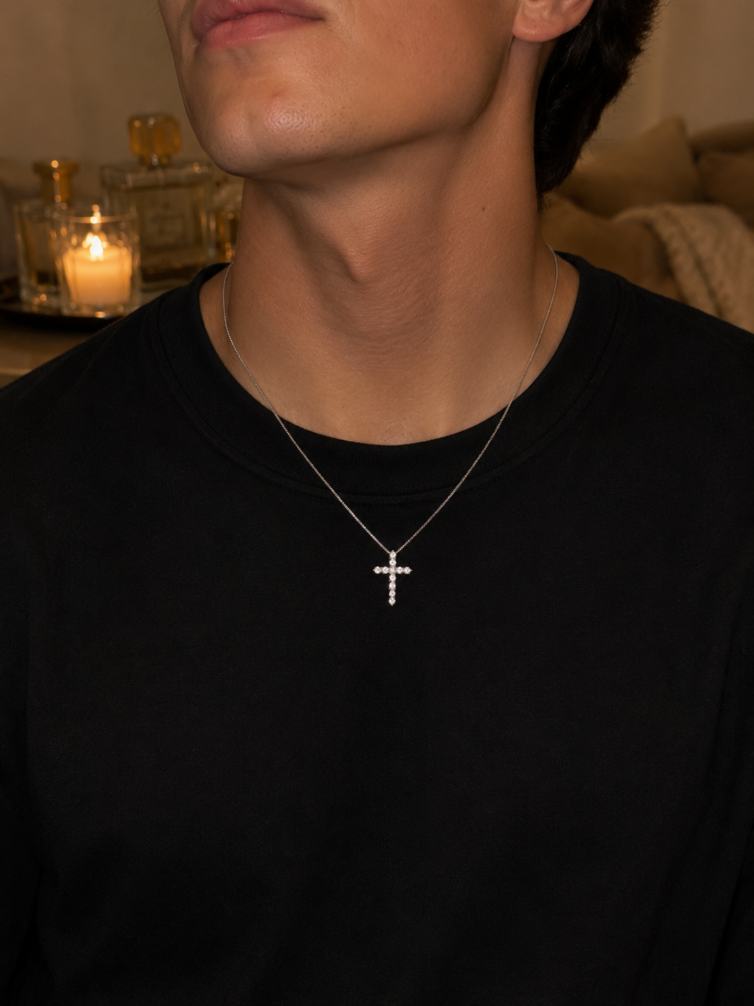 Small Cross Necklace worn on neck